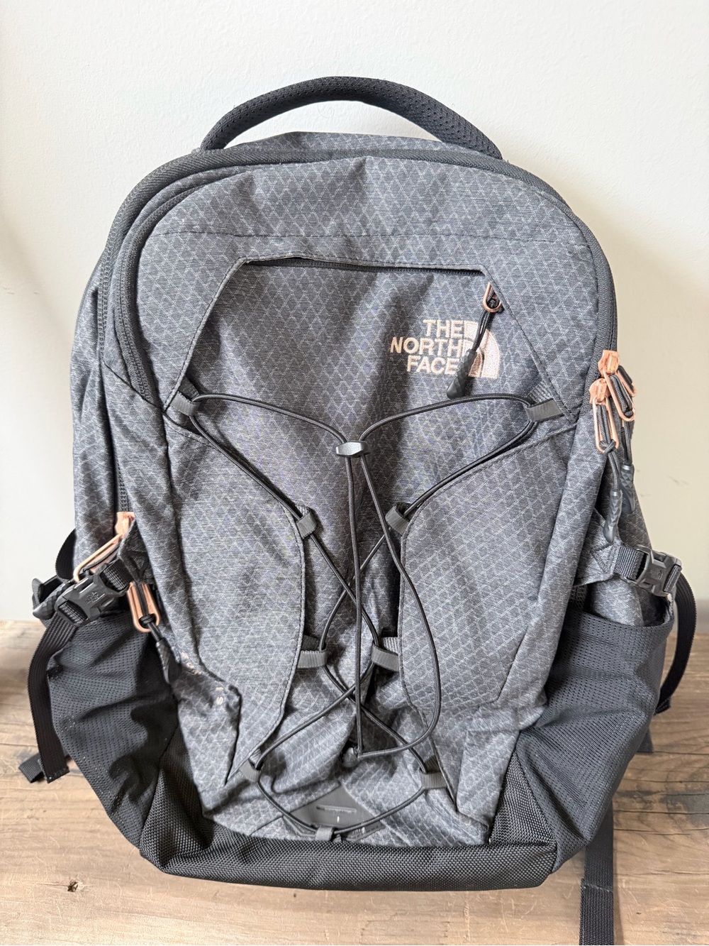 The North Face Borealis Gray and Black Everyday Backpack with Rose Gold Accents